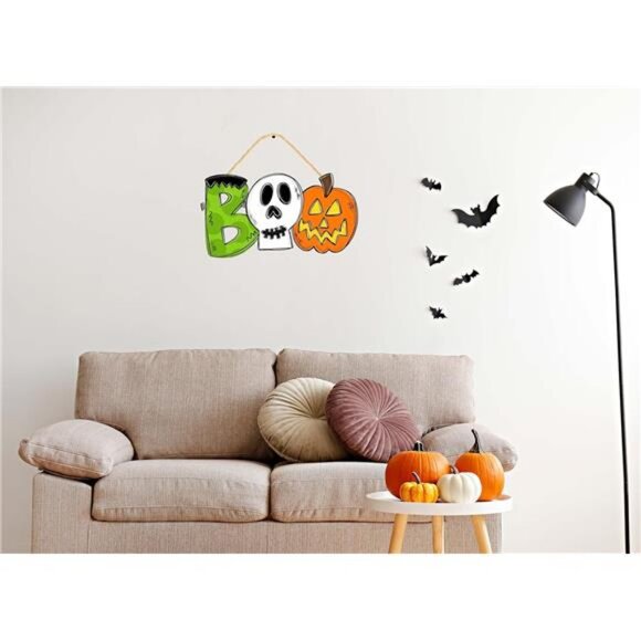 Halloween Decorations Wooden Door Sign for Front Door, Pumpkin BOO Sign Hanging - Picture 5 of 8